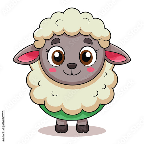 A delightful cartoon sheep stands cheerfully against a vibrant green background, featuring a fluffy coat and a friendly expression that brings joy.
