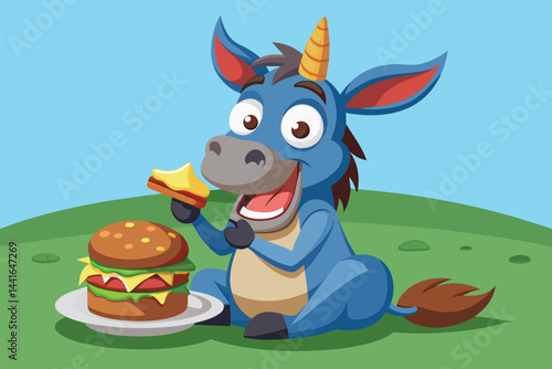 A cheerful cartoon donkey smiles widely while holding a delicious hamburger, featuring vibrant colors against a playful blue backdrop that enhances its joyous expression.