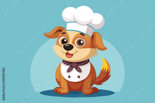 A cheerful cartoon dog in a chef outfit, complete with a white hat and bow tie, sits happily against a soft blue background, ready to whip up delicious meals.