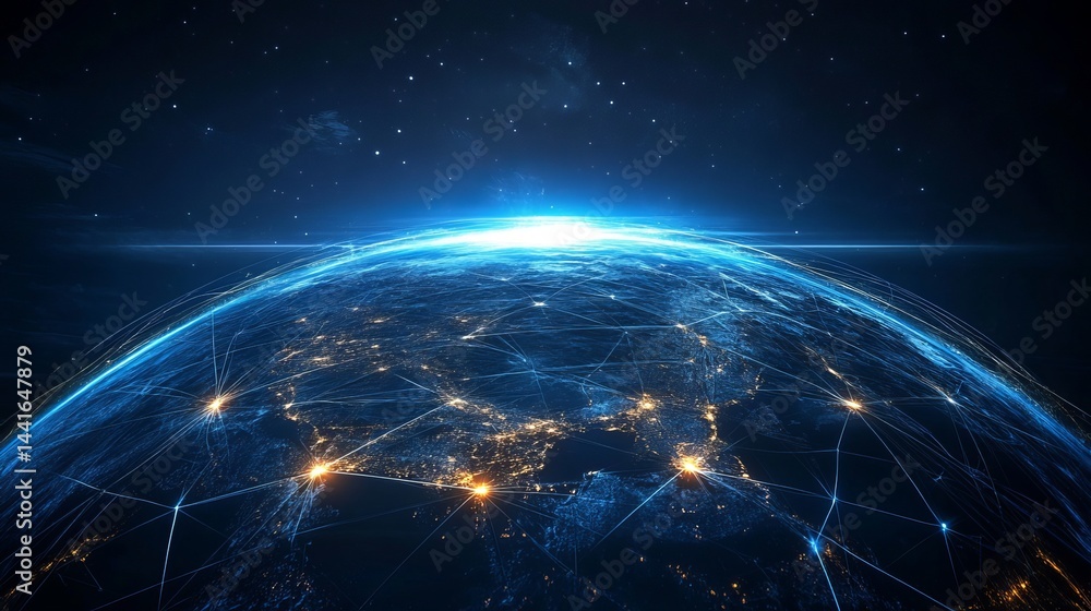 Global network connections illuminated earth digital world map web data blue dark city lines space Global network connections illuminated earth digital world map web data blue dark city lines space