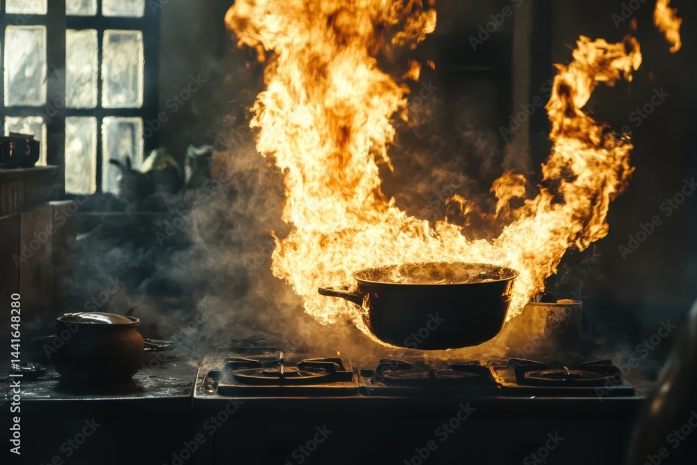 A kitchen fire accident with intense flames rising from a cooking pot on the stove