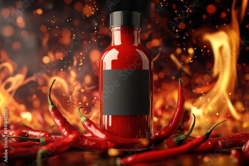 A bottle of spicy hot sauce with a blank mockup label surrounded by red chili peppers and flames