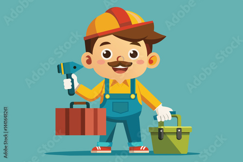A young boy in a bright outfit stands confidently with tools in hand, symbolizing creativity and readiness for work in a playful setting that inspires imagination.