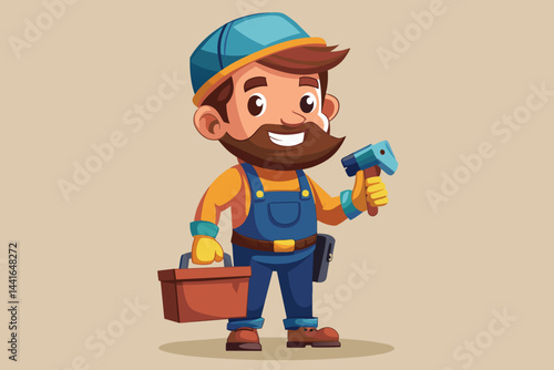 A cheerful cartoon handyman stands confidently with a toolbox and tools in hand, showcasing his readiness for various repair tasks in a friendly environment.