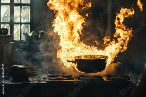 Obraz na płótnie A kitchen fire accident with intense flames rising from a cooking pot on the stove w salonie