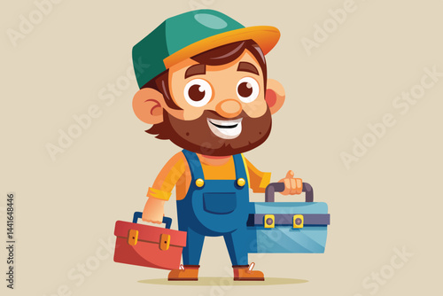 A friendly cartoon character wearing a cap and overalls stands happily, holding two colorful toolboxes, embodying a spirit of exploration and DIY activities.