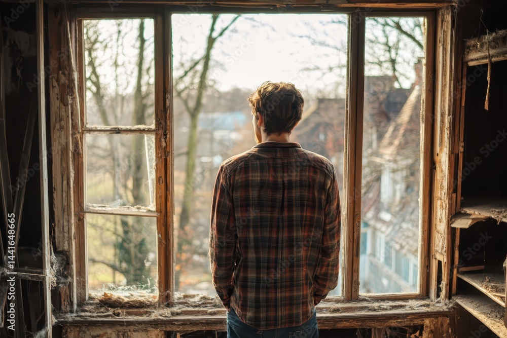 A young man is in an abandoned house.