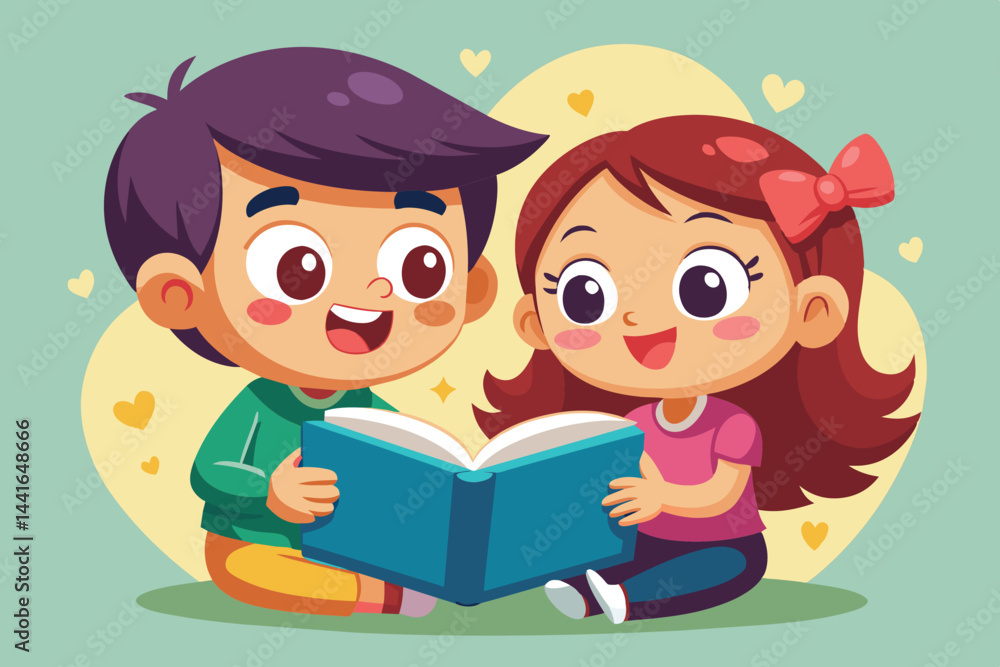 Two smiling children are engaged in reading a book together, sitting on the floor in a bright room filled with warmth and happiness. Two smiling children are engaged in reading a book together, sitting on the floor in a bright room filled with warmth and happiness.