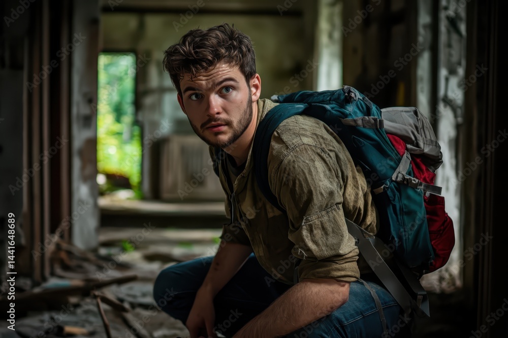 A young man is in an abandoned house.