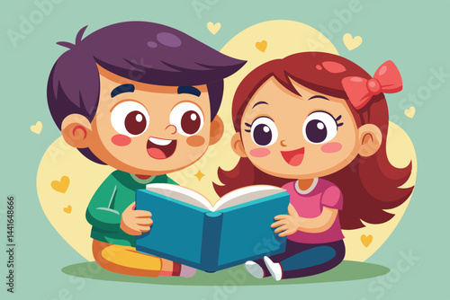 Two smiling children are engaged in reading a book together, sitting on the floor in a bright room filled with warmth and happiness.