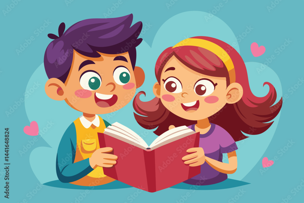 Two cheerful children are engaged in reading a book, smiling and enjoying each other's company in a vibrant, playful atmosphere. Two cheerful children are engaged in reading a book, smiling and enjoying each other's company in a vibrant, playful atmosphere.