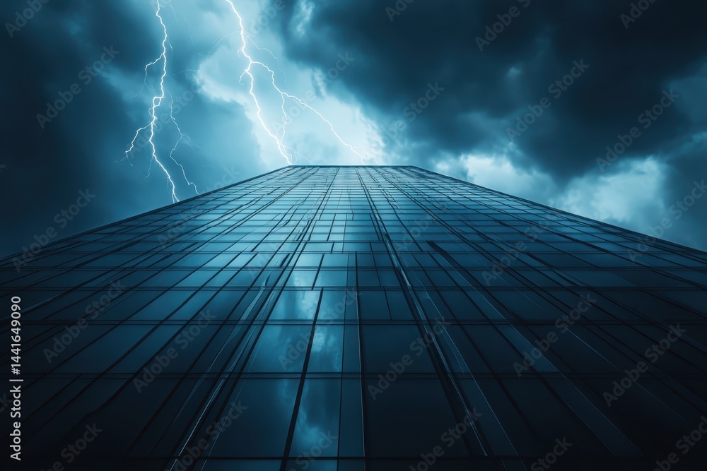lightning thunder strike in cityscape skyscraper building in dangerous bad environment rain weather