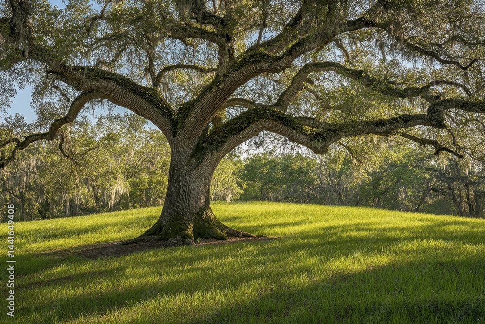 Oak tree on grassy field in spring
