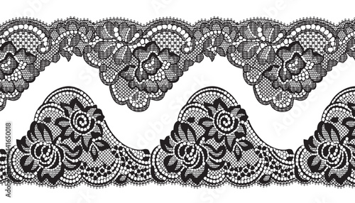 Two pieces of black lace trim with large floral design and scalloped edges, arranged facing each other.