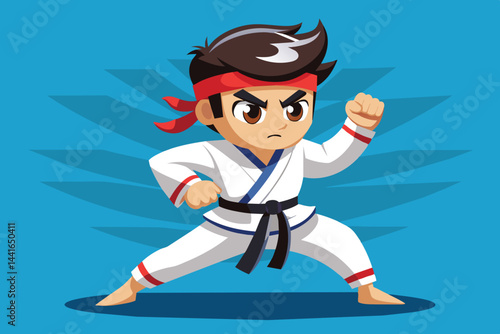 A determined young martial artist poses in a karate stance, wearing a traditional white uniform and black belt, exuding confidence and readiness for action.