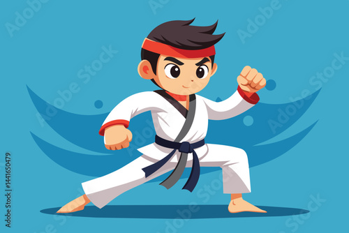 A young martial artist dressed in a traditional white gi with a black belt strikes a confident pose, showcasing discipline and readiness for training or competition.