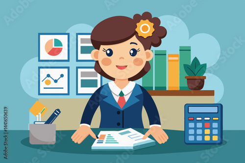 The businesswoman is engaged in her work, examining reports and financial charts while surrounded by office supplies and a plant in a bright workspace.