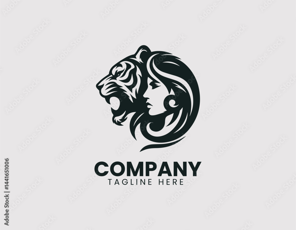 Woman Profile with Roaring Tiger Head Vector Logo Woman Profile with Roaring Tiger Head Vector Logo