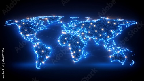 Global Connectivity: Illuminated lines depict global networking and interconnection of worldwide, symbolizing a digital age and communication
