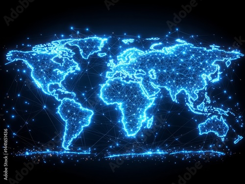 Global Network Connections: A mesmerizing digital representation of the world, ablaze with interconnected points of light, showcasing the intricate web of global connectivity in a dark setting. 