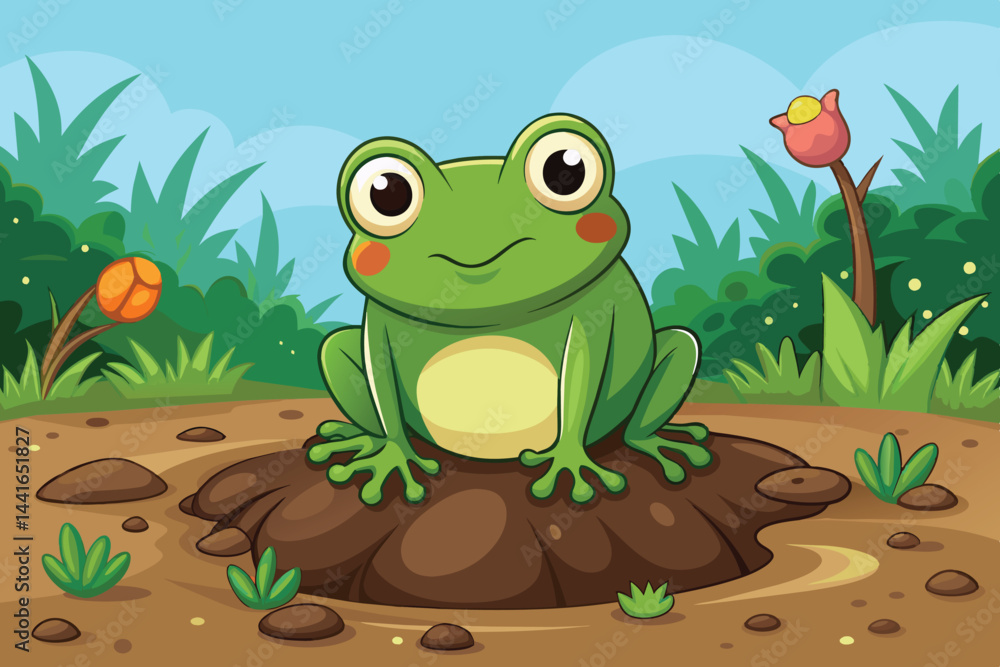 Obraz premium A vibrant green frog with big eyes and rosy cheeks is perched on a muddy spot, surrounded by colorful flowers and greenery under a clear blue sky.