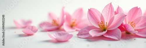 Delicate flower petals unfolding on a pristine white surface, soft focus, floral, intricate