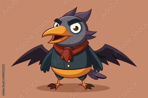 This character features a cartoon bird with a vibrant yellow beak and expressive eyes, proudly dressed in a jacket and scarf against a simple backdrop.