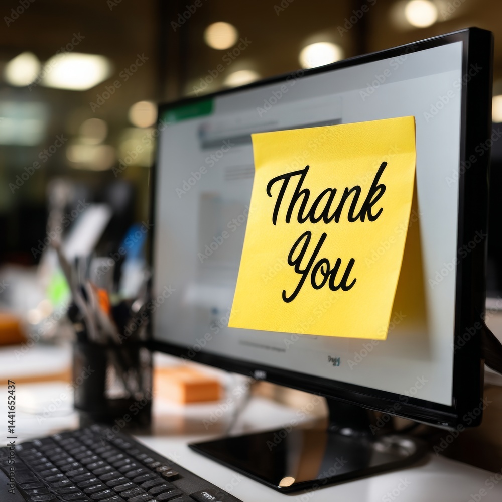 Sticky Note Message on Computer Screen in Office Environment Highlighting Gratitude and Appreciation in a Modern Workplace Setting for Motivation and Inspiration Sticky Note Message on Computer Screen in Office Environment Highlighting Gratitude and Appreciation in a Modern Workplace Setting for Motivation and Inspiration