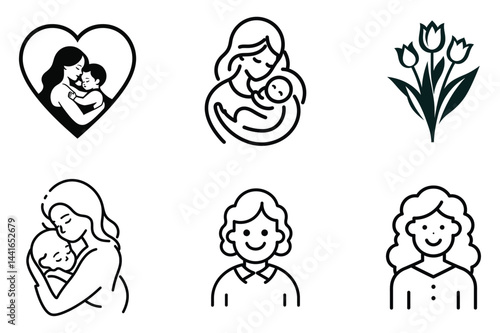 Mother and Child Love Icons, Heart, Embrace, Flowers