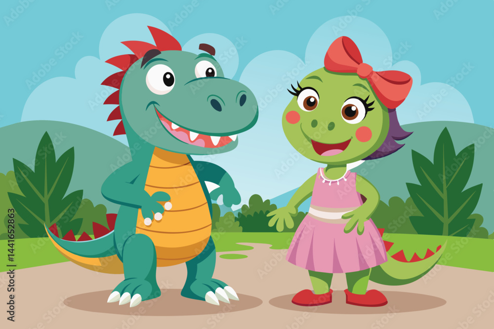 Obraz premium Two cheerful cartoon dinosaur characters, a smiling dragon and a playful dinosaur girl in a dress, enjoy a sunny day in a vibrant park surrounded by trees.