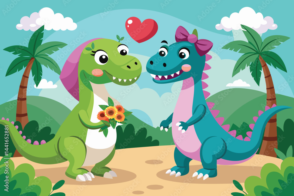 Fototapeta premium A green dinosaur presents a bouquet of flowers to a blue dinosaur adorned with a bow, surrounded by lush foliage and hills in a cheerful setting.