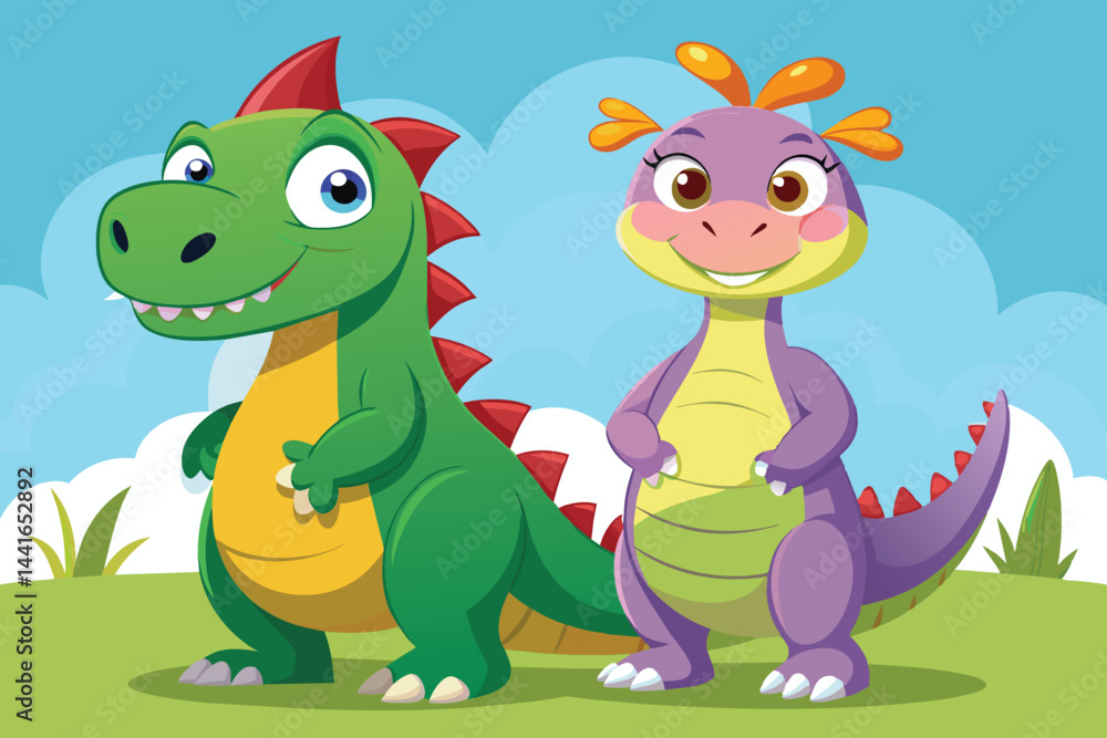 Fototapeta premium Two cheerful, cartoon dinosaurs pose side by side in a bright, grassy area with a clear blue sky and fluffy clouds, radiating playful energy and friendship.