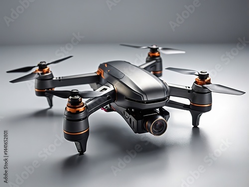  futuristic drone, compact quadcopter design, visible camera gimbal, sleek aerodynamic body, no branding, metallic grey finish, high-precision realistic , isolated on transparent white background