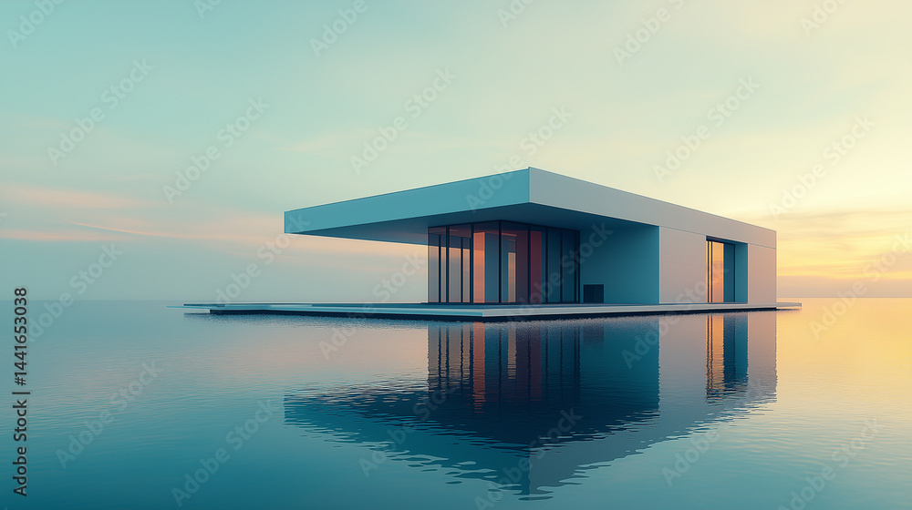 Modern Floating House on Tranquil Water at Sunset with Minimal Design Modern Floating House on Tranquil Water at Sunset with Minimal Design