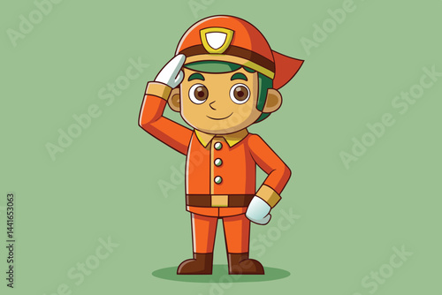 The cheerful character in an orange uniform gives a friendly salute, showcasing a commitment to public service and community support against a solid green background.