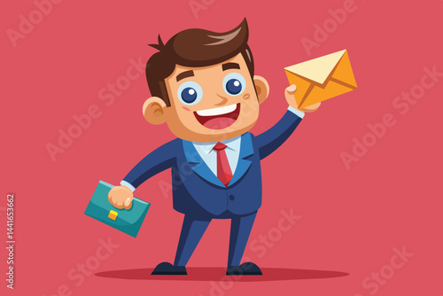 A cheerful cartoon character dressed in a blue suit joyfully holds an envelope in one hand and a briefcase in the other, standing against a vibrant pink background.