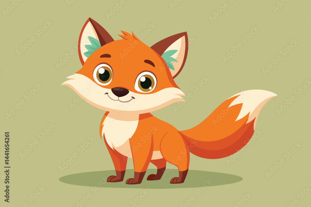 Obraz premium A cute cartoon fox with vibrant orange fur and large, friendly eyes stands happily on a soft green backdrop. Its bushy tail curls and adds charm to its playful look.