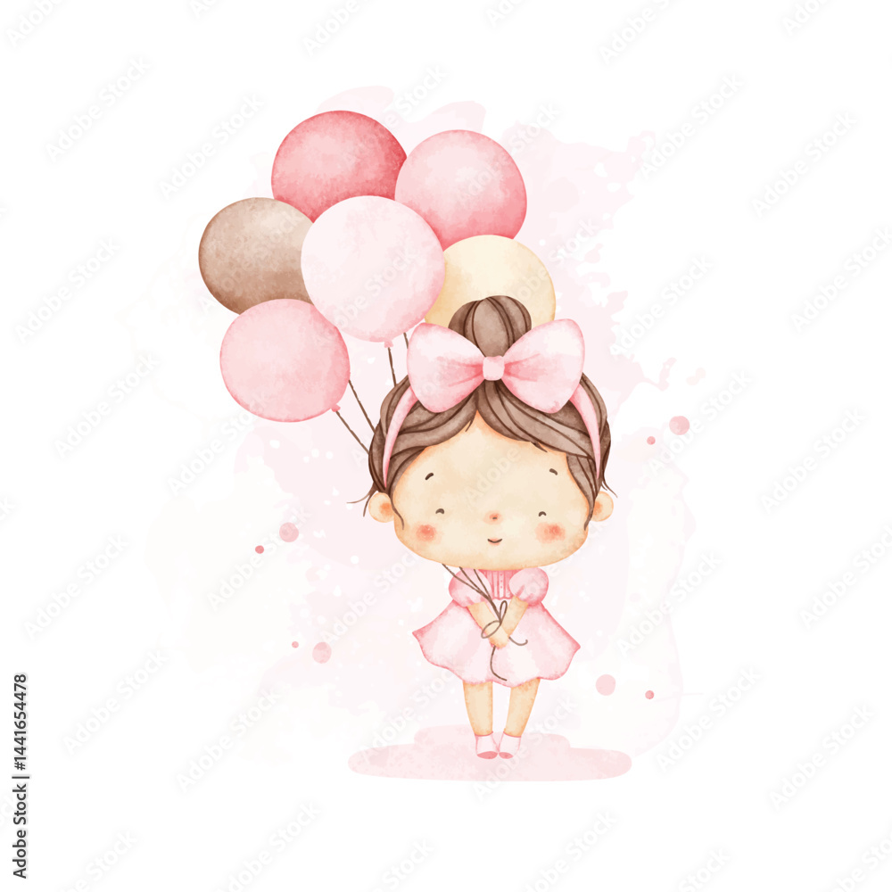 Watercolor Illustration Baby Girl Holds Balloons Watercolor Illustration Baby Girl Holds Balloons