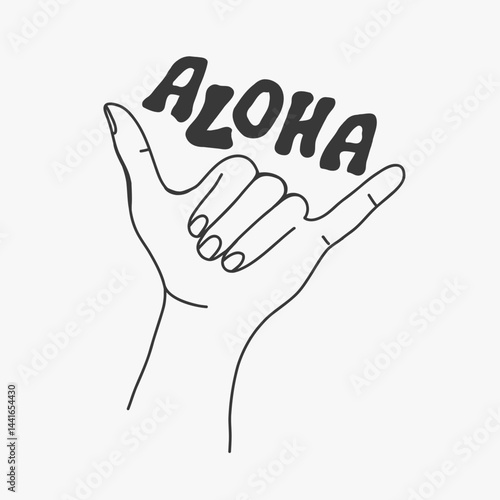 Aloha lettering. Surfers shaka hang logo. Loose hand signal. Beach vibes illustration. Summer fabric textile print. Vector isolated  background.