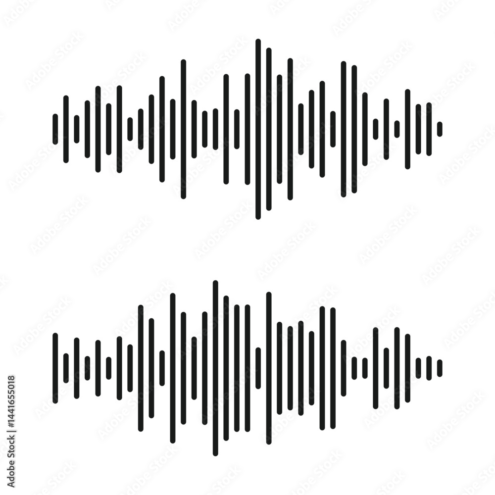 Sound wave or voice message icon. Music waveform, track radio play. Clean line soundwave icon. Audio equalizer line. Audio signal wave icon. Vector illustration. Sound wave or voice message icon. Music waveform, track radio play. Clean line soundwave icon. Audio equalizer line. Audio signal wave icon. Vector illustration.