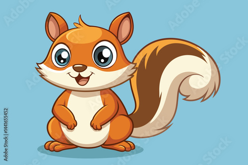 A charming cartoon squirrel with large expressive eyes and a fluffy tail sits cheerfully on a light blue backdrop, showcasing its playful character and adorable features.