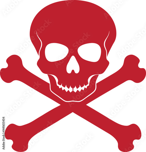 Red skull and crossbones icon: a pirate death symbol of danger with spooky bones