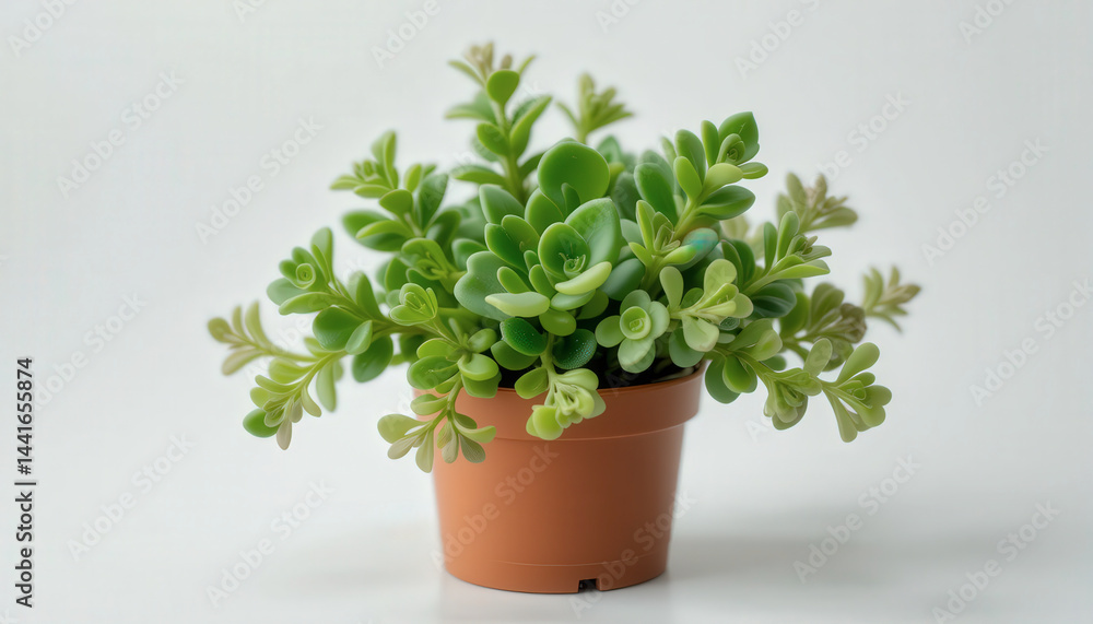Fototapeta premium Small Green Succulent in Brown Pot on White Background