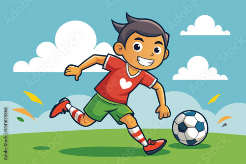A cheerful boy with short hair is sprinting across a green field, expertly kicking a soccer ball while wearing a red shirt and green shorts under a bright blue sky.