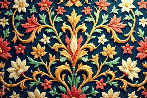 Classic damask pattern, symmetrical scrolling acanthus leaves and blossoms , graphic design, scroll, style