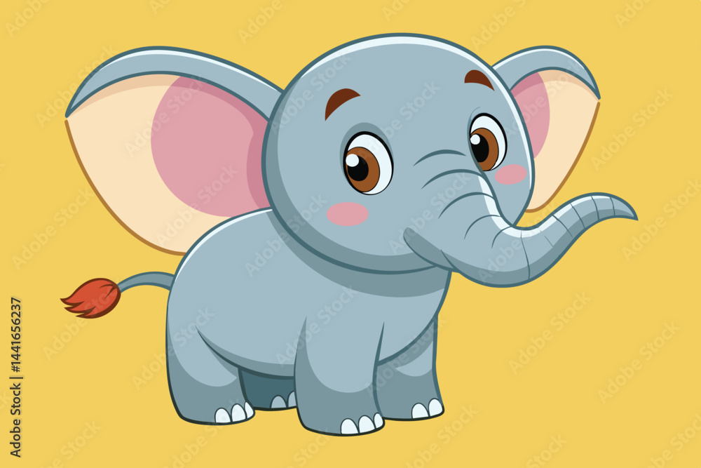 A cheerful cartoon elephant stands with a friendly expression, featuring large ears and a playful posture against a vivid yellow backdrop, engaging viewers with its charm. A cheerful cartoon elephant stands with a friendly expression, featuring large ears and a playful posture against a vivid yellow backdrop, engaging viewers with its charm.