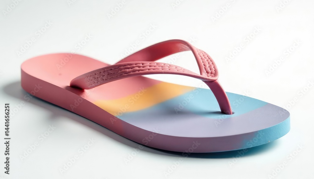Close-up view of a single flip-flop against white, clean background, vacation, black, tropical Close-up view of a single flip-flop against white, clean background, vacation, black, tropical