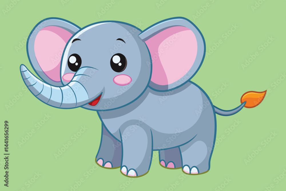 A playful and adorable cartoon elephant stands with a bright smile, featuring large ears and a lively tail, set against a soothing light green background. A playful and adorable cartoon elephant stands with a bright smile, featuring large ears and a lively tail, set against a soothing light green background.
