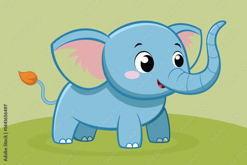 Naklejka premium A friendly blue elephant character with pink ears and a joyful expression is standing in a bright green field. Its playful demeanor makes it ideal for children's illustrations.