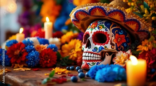 Wallpaper Mural Vibrant Day of the Dead skull display with candles and flowers, perfect for celebrating Dia de los Muertos. Torontodigital.ca